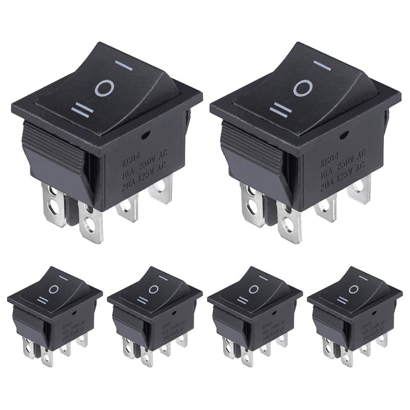VEXUNGA KCD4 Rocker Switch 6 Pin 3 Position DPST On Off On Black Mini Boat Rocker Switch 20A 125VAC 16A 250VAC Snap-in Square Toggle Switches for Car Marine Home Appliances (Pack of 6pcs) - Image 1